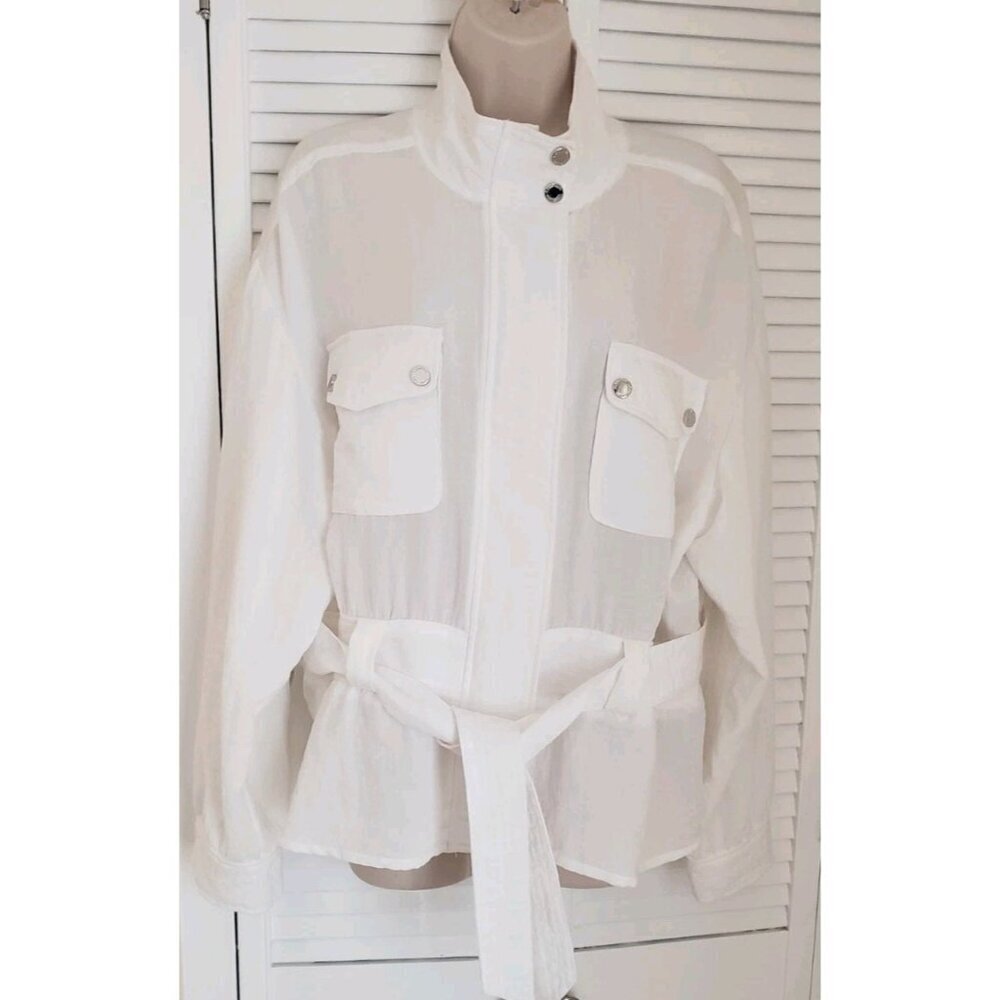 CALVIN KLEIN WHITE STAND UP COLLAR PEPLUM BELTED JACKET XLARGE